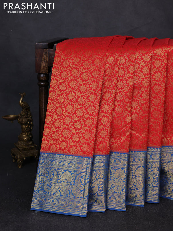 Kanchipuram silk saree red and cs blue with allover zari woven brocade weaves and zari woven border