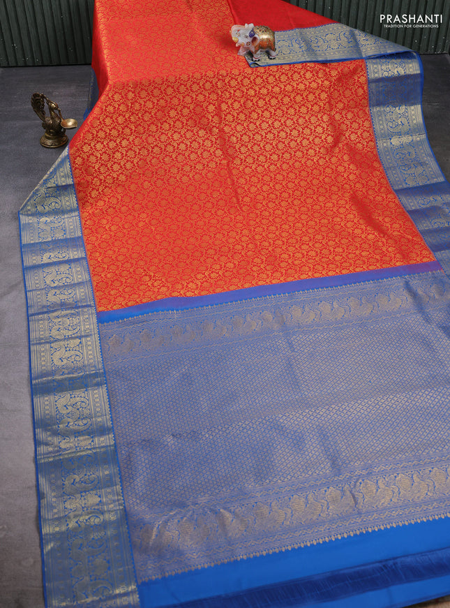 Kanchipuram silk saree red and cs blue with allover zari woven brocade weaves and zari woven border