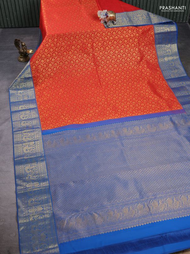 Kanchipuram silk saree red and cs blue with allover zari woven brocade weaves and zari woven border