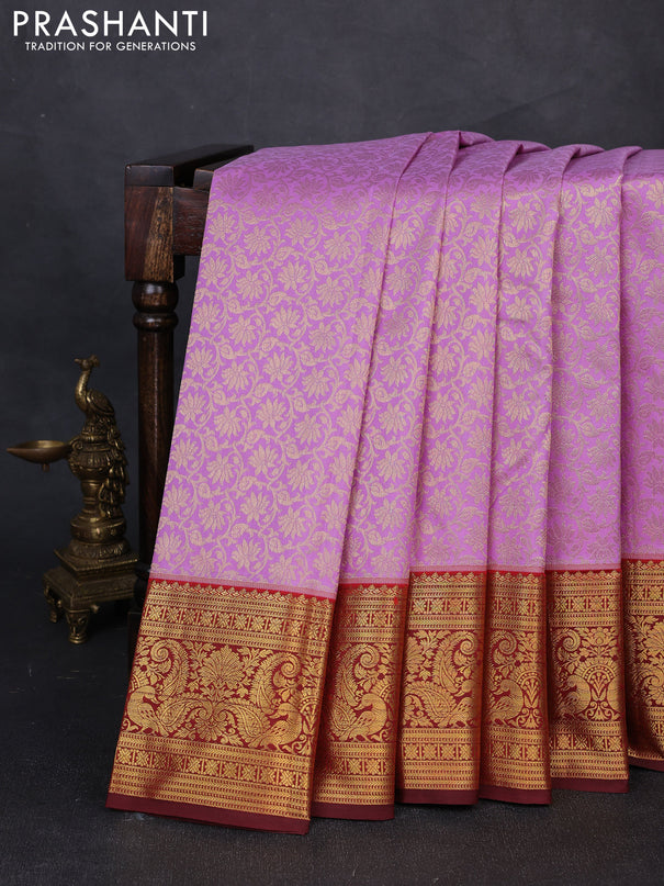Kanchipuram silk saree lavender and maroon with allover zari woven brocade weaves and zari woven border
