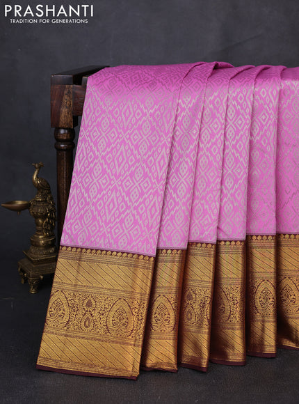 Kanchipuram silk saree light pink and coffee brown with allover zari woven brocade weaves and long zari woven border