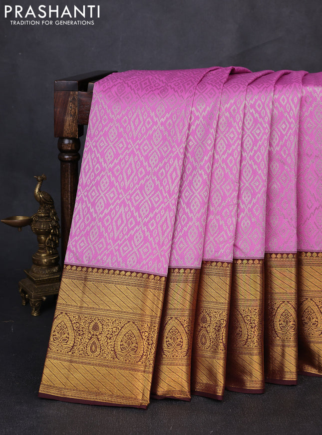 Kanchipuram silk saree light pink and coffee brown with allover zari woven brocade weaves and long zari woven border