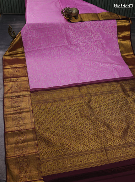 Kanchipuram silk saree light pink and coffee brown with allover zari woven brocade weaves and long zari woven border