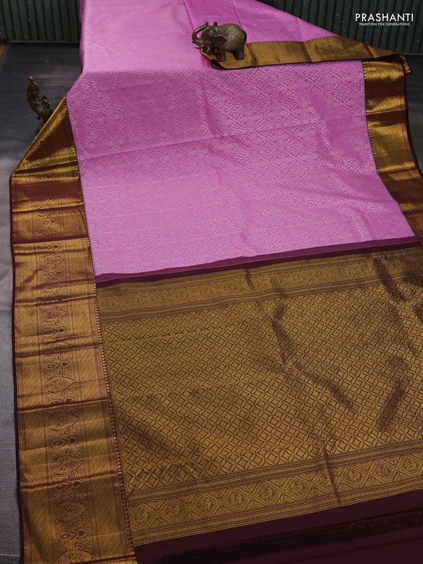 Kanchipuram silk saree light pink and coffee brown with allover zari woven brocade weaves and long zari woven border