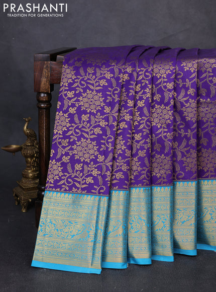 Kanchipuram silk saree violet and cs blue with allover zari woven brocade weaves and long zari woven border