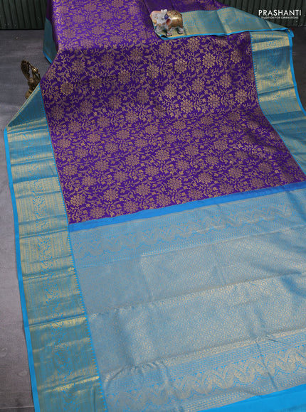 Kanchipuram silk saree violet and cs blue with allover zari woven brocade weaves and long zari woven border