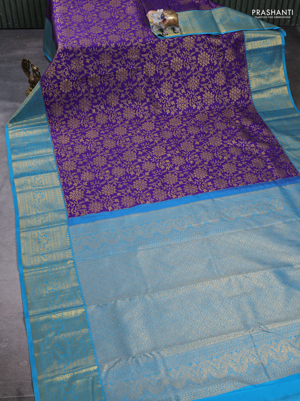 Kanchipuram silk saree violet and cs blue with allover zari woven brocade weaves and long zari woven border