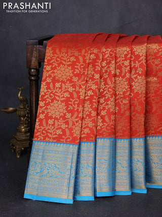Kanchipuram silk saree maroon shade and cs blue with allover zari woven brocade weaves and zari woven border