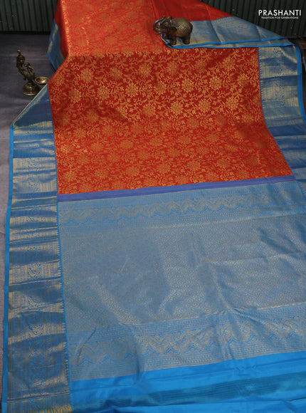 Kanchipuram silk saree maroon shade and cs blue with allover zari woven brocade weaves and zari woven border