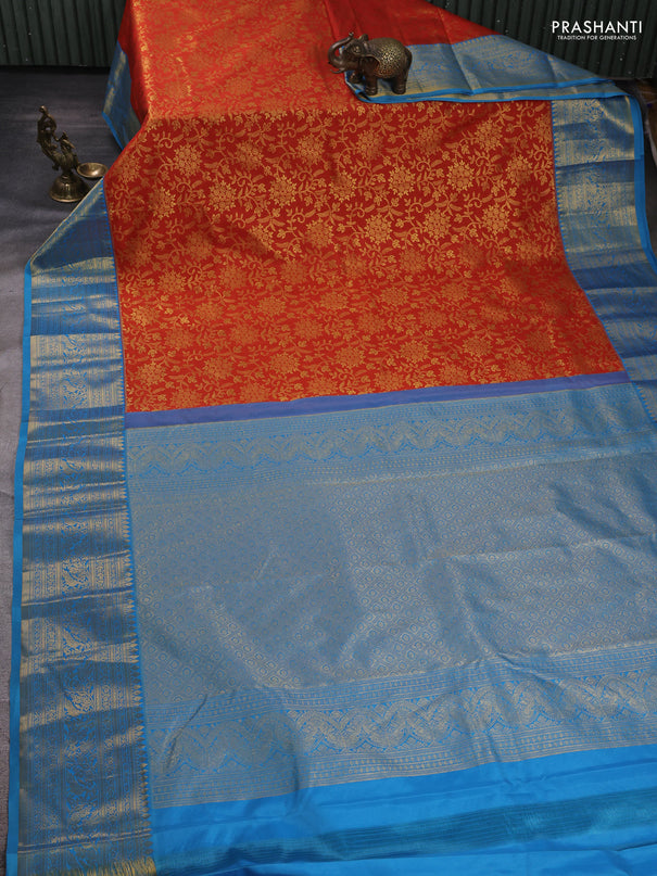 Kanchipuram silk saree maroon shade and cs blue with allover zari woven brocade weaves and zari woven border