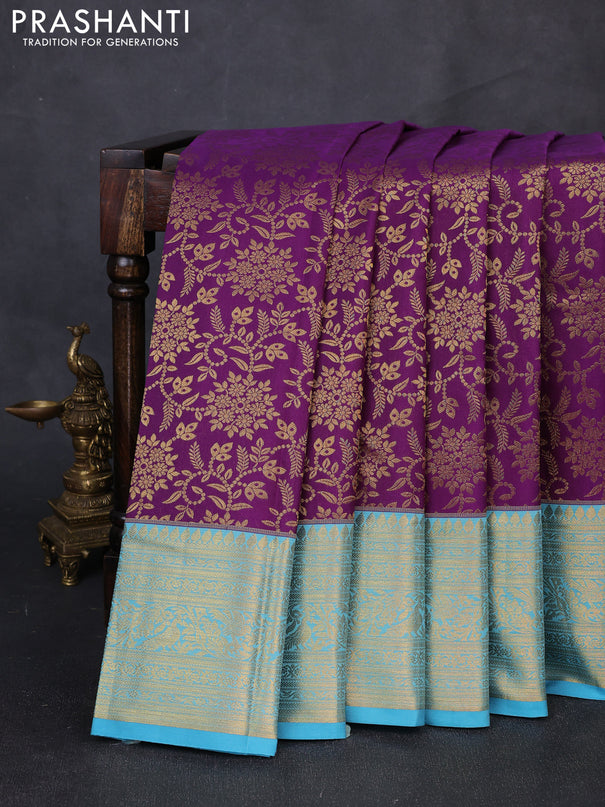 Kanchipuram silk saree purple and light blue with allover zari woven brocade weaves and zari woven border