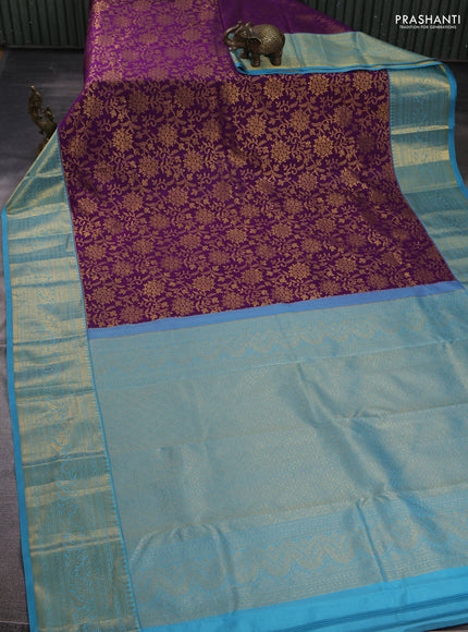 Kanchipuram silk saree purple and light blue with allover zari woven brocade weaves and zari woven border