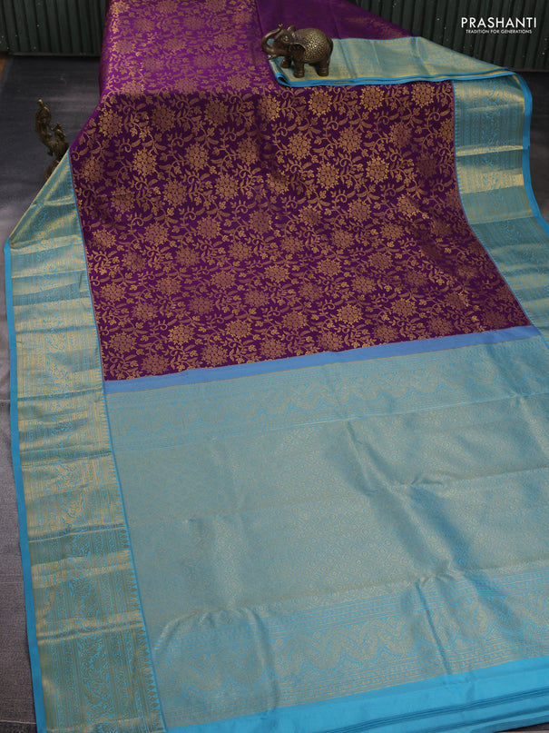 Kanchipuram silk saree purple and light blue with allover zari woven brocade weaves and zari woven border