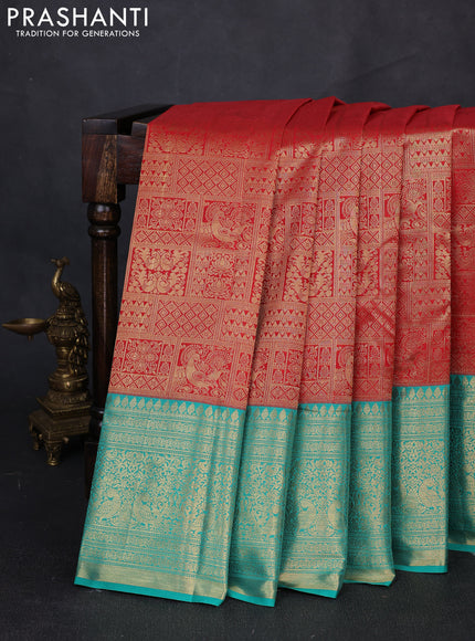 Kanchipuram silk saree red and green with allover zari woven brocade weaves and long zari woven border