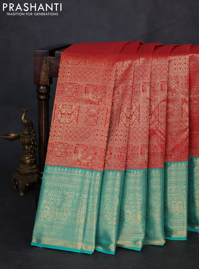 Kanchipuram silk saree red and green with allover zari woven brocade weaves and long zari woven border