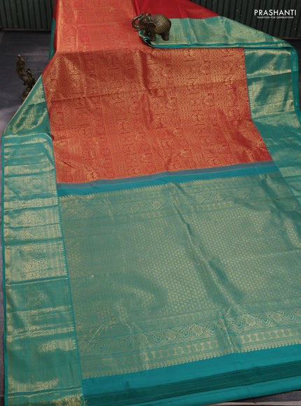 Kanchipuram silk saree red and green with allover zari woven brocade weaves and long zari woven border