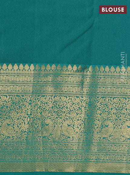 Kanchipuram silk saree red and green with allover zari woven brocade weaves and long zari woven border