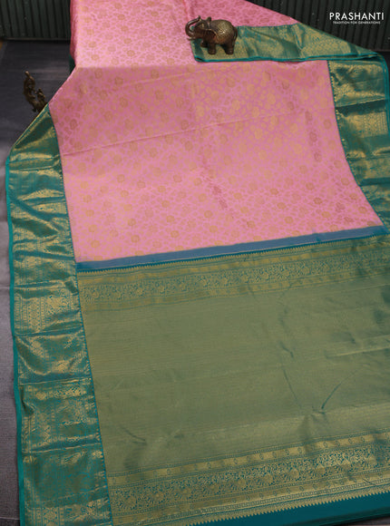 Kanchipuram silk saree light pink and green with allover zari woven brocade weaves and long zari woven border