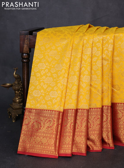 Kanchipuram silk saree yellow and maroon with allover zari woven brocade weaves and long zari woven border