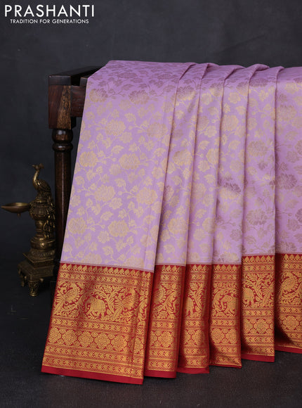 Kanchipuram silk saree lavender and maroon with allover zari woven brocade weaves and zari woven border
