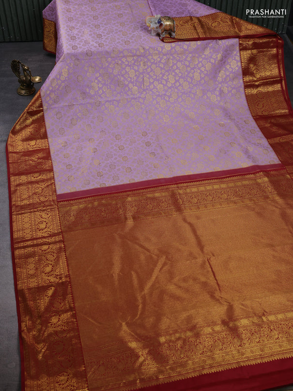 Kanchipuram silk saree lavender and maroon with allover zari woven brocade weaves and zari woven border