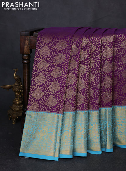 Kanchipuram silk saree purple and cs blue with allover zari woven brocade weaves and zari woven border