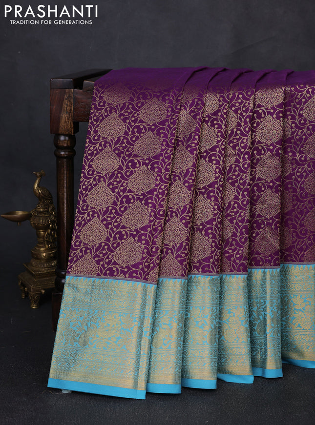 Kanchipuram silk saree purple and cs blue with allover zari woven brocade weaves and zari woven border