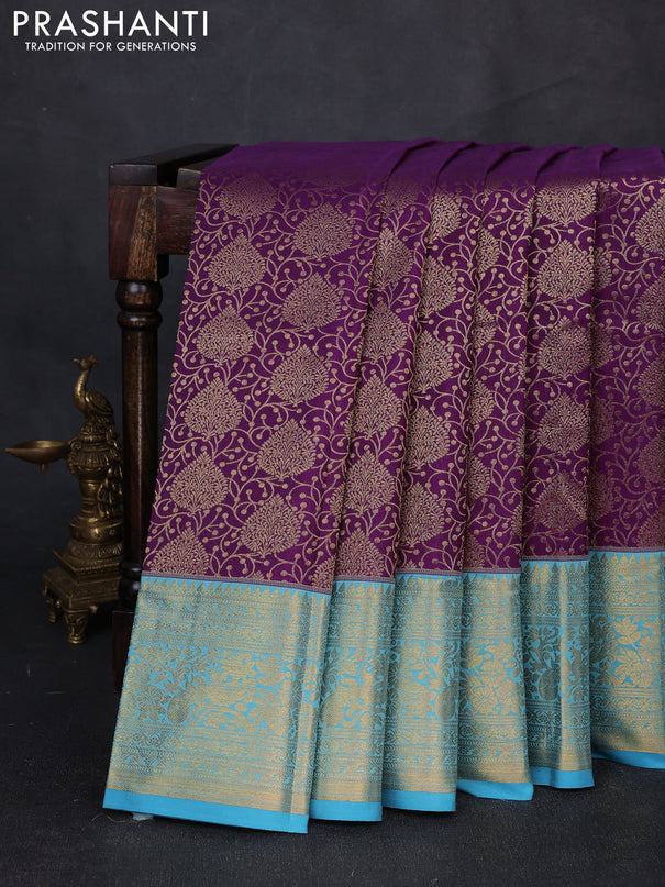 Kanchipuram silk saree purple and cs blue with allover zari woven brocade weaves and zari woven border