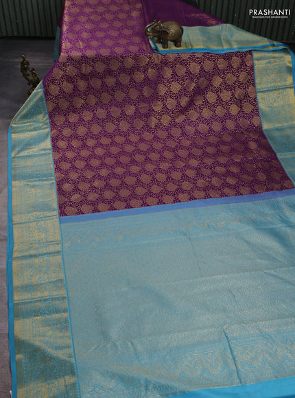 Kanchipuram silk saree purple and cs blue with allover zari woven brocade weaves and zari woven border