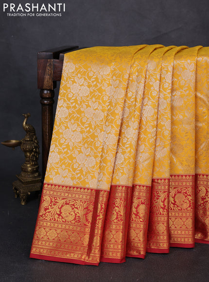 Kanchipuram silk saree yellow and maroon with allover zari woven brocade weaves and long zari woven border