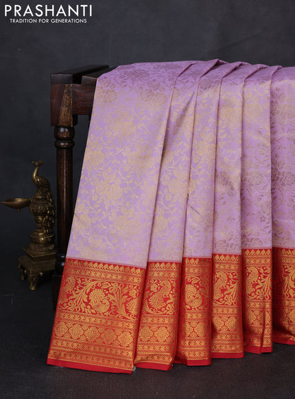 Kanchipuram silk saree lavender and maroon with allover zari woven brocade weaves and zari woven border