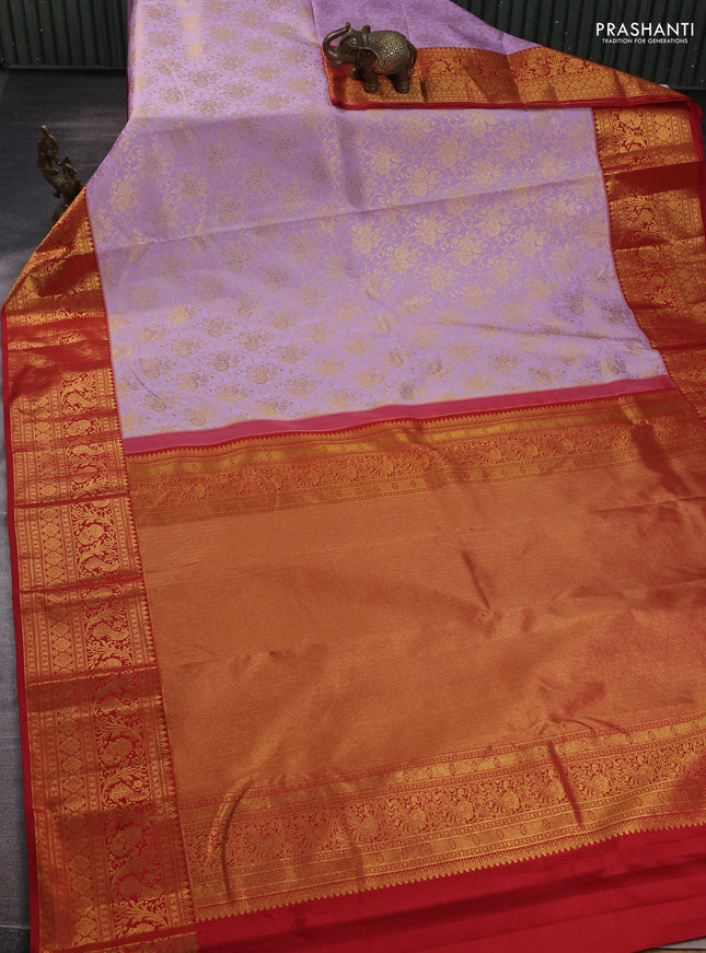 Kanchipuram silk saree lavender and maroon with allover zari woven brocade weaves and zari woven border