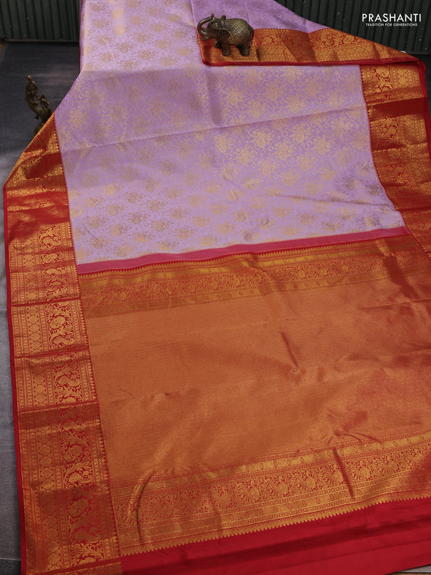 Kanchipuram silk saree lavender and maroon with allover zari woven brocade weaves and zari woven border