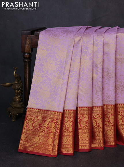 Kanchipuram silk saree lavender and maroon with allover zari woven brocade weaves and long zari woven border