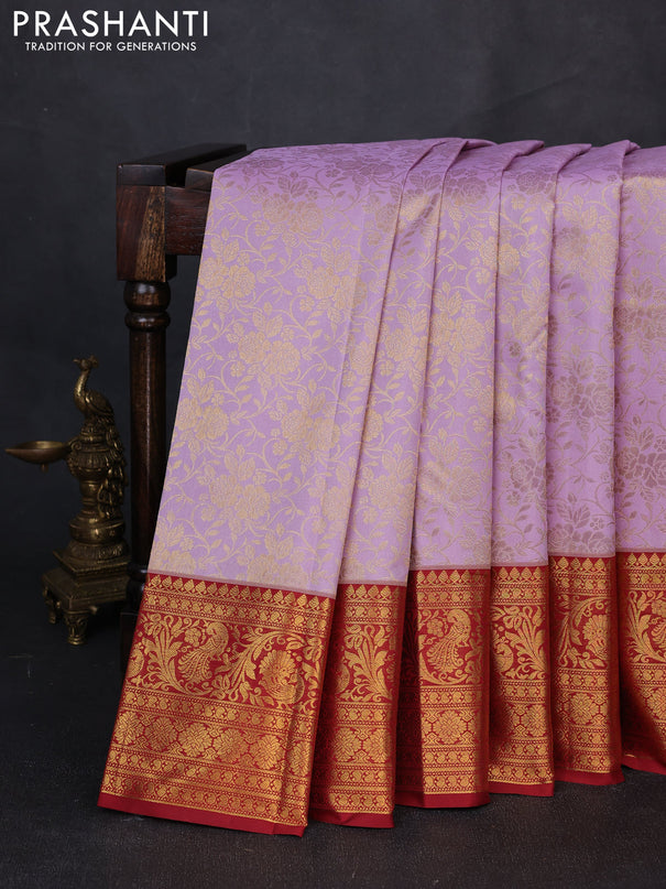 Kanchipuram silk saree lavender and maroon with allover zari woven brocade weaves and long zari woven border