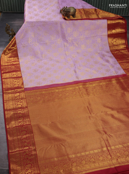 Kanchipuram silk saree lavender and maroon with allover zari woven brocade weaves and long zari woven border