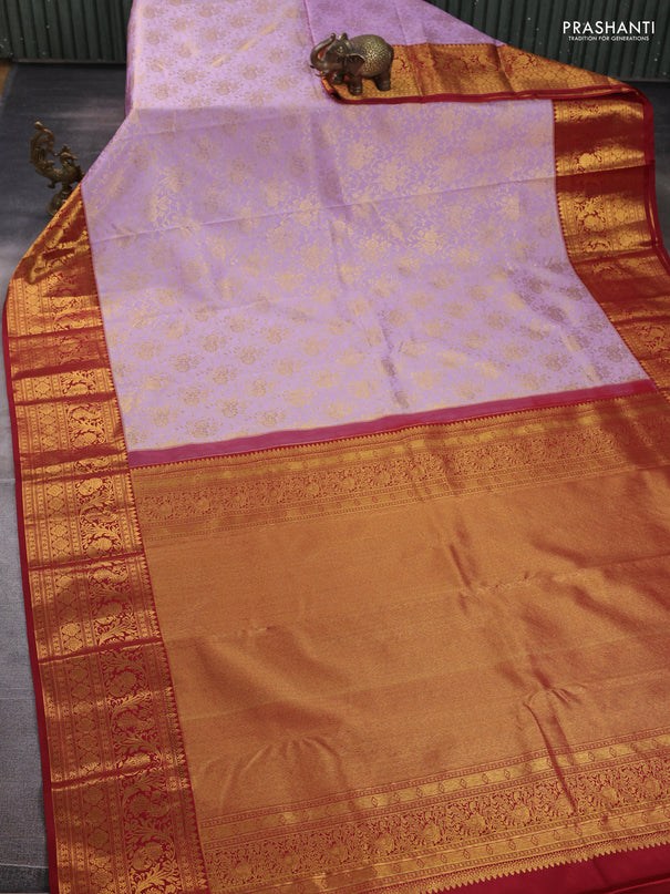 Kanchipuram silk saree lavender and maroon with allover zari woven brocade weaves and long zari woven border