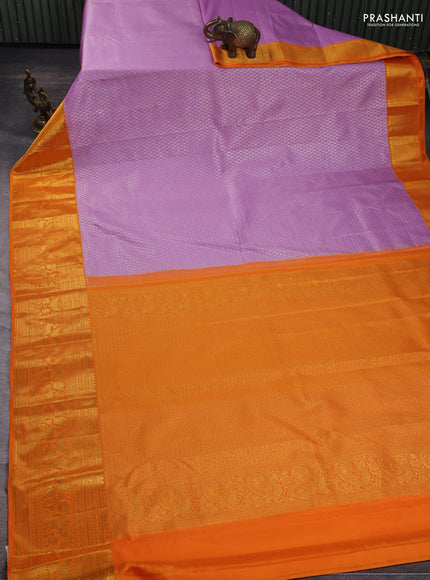 Kanchipuram silk saree lavender and orange with allover zari woven brocade weaves and long zari woven border