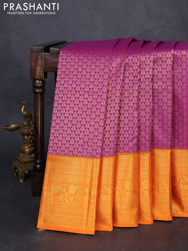 Kanchipuram silk saree magenta pink and orange with allover zari woven brocade weaves and long zari woven border