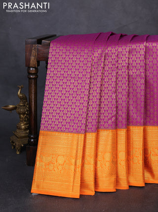 Kanchipuram silk saree magenta pink and orange with allover zari woven brocade weaves and long zari woven border
