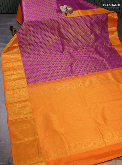 Kanchipuram silk saree magenta pink and orange with allover zari woven brocade weaves and long zari woven border