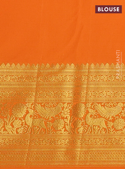 Kanchipuram silk saree magenta pink and orange with allover zari woven brocade weaves and long zari woven border