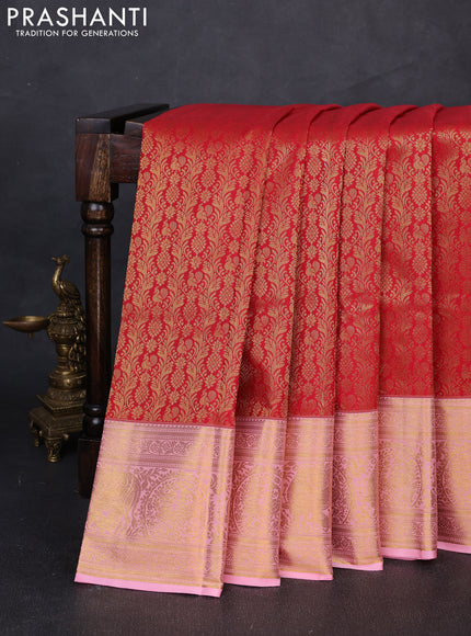 Kanchipuram silk saree red and light pink with allover zari woven brocade weaves and long zari woven border