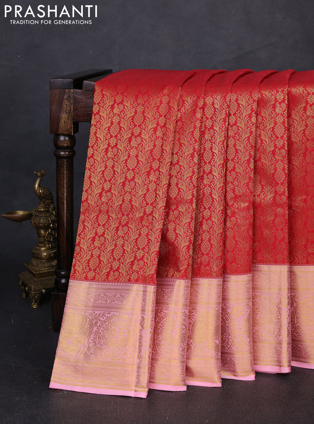 Kanchipuram silk saree red and light pink with allover zari woven brocade weaves and long zari woven border