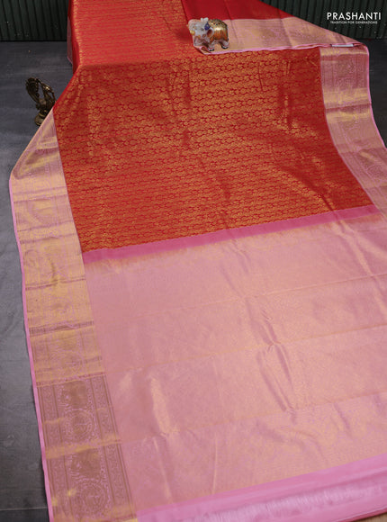 Kanchipuram silk saree red and light pink with allover zari woven brocade weaves and long zari woven border