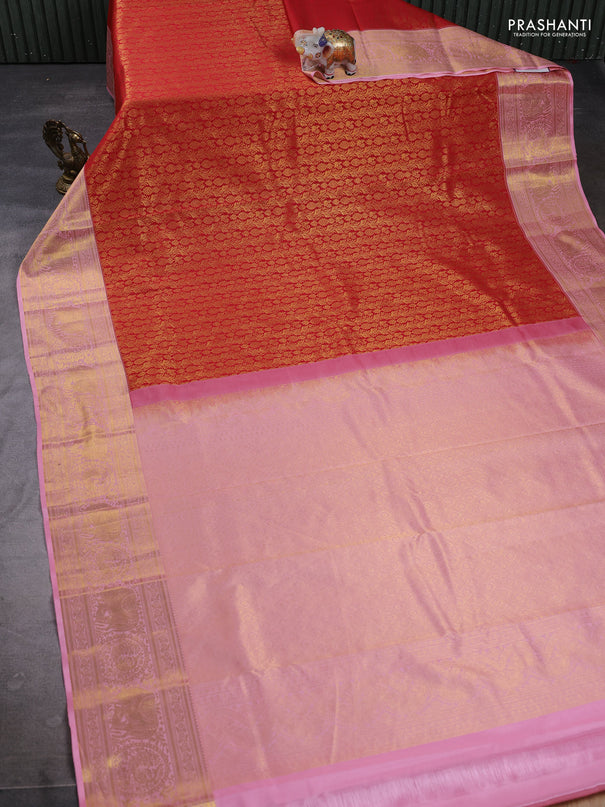 Kanchipuram silk saree red and light pink with allover zari woven brocade weaves and long zari woven border