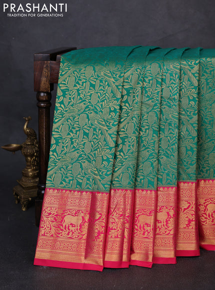 Kanchipuram silk saree green and pink with allover zari woven brocade weaves and zari woven border