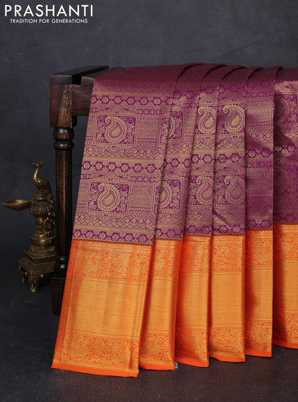 Kanchipuram silk saree dark magenta pink and orange with allover zari woven brocade weaves and long rich zari woven border