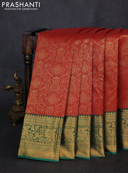 Kanchipuram silk saree red and green with allover zari woven brocade weaves and zari woven border