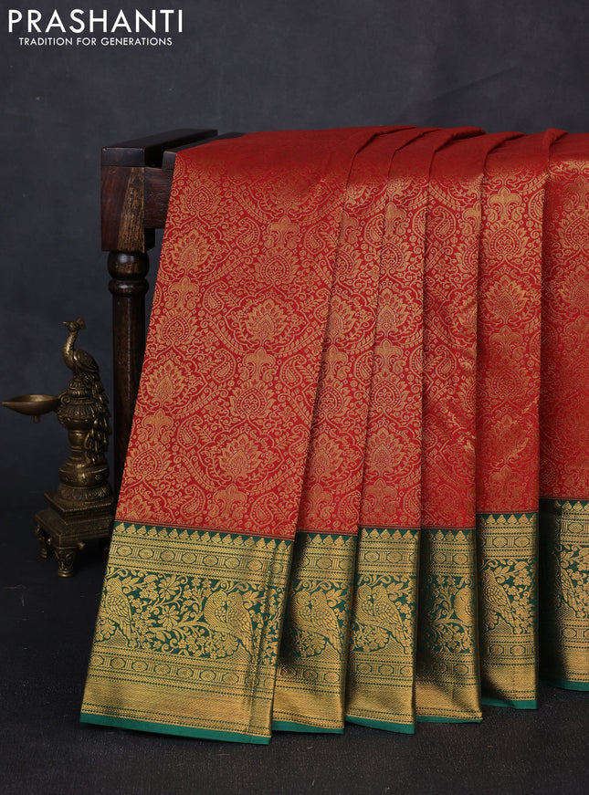 Kanchipuram silk saree red and green with allover zari woven brocade weaves and zari woven border